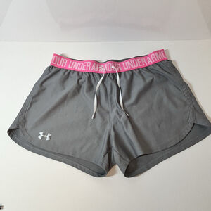 Under Armour grey running shorts with pink logo waistband and drawstring